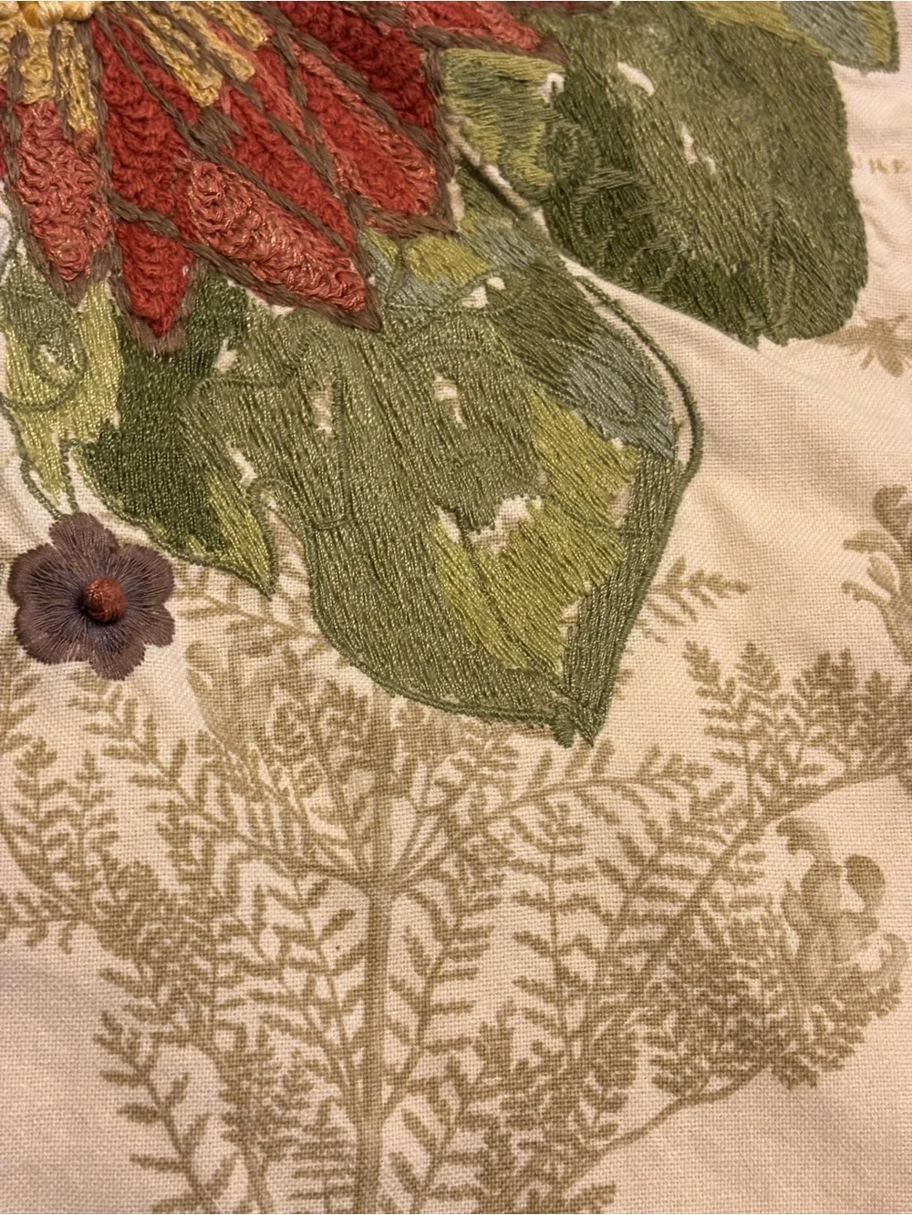 Pottery Barn Floral Crewel Embroidered Throw Pillow Sham Cover Botanical Buttons